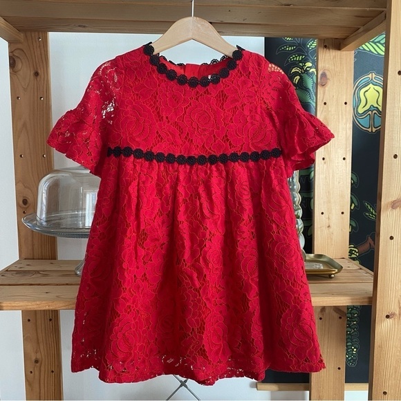 Kate Spade Red Black Lace Ruffle Sleeve Dress - Picture 2 of 12